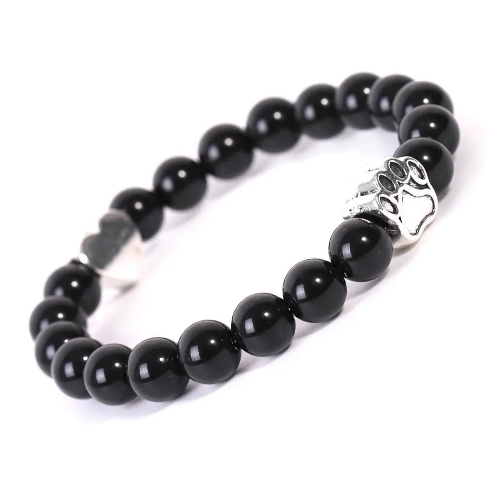 Tigereye Indian agate stone bracelet with dog paw and love heart charms on geometric beaded design