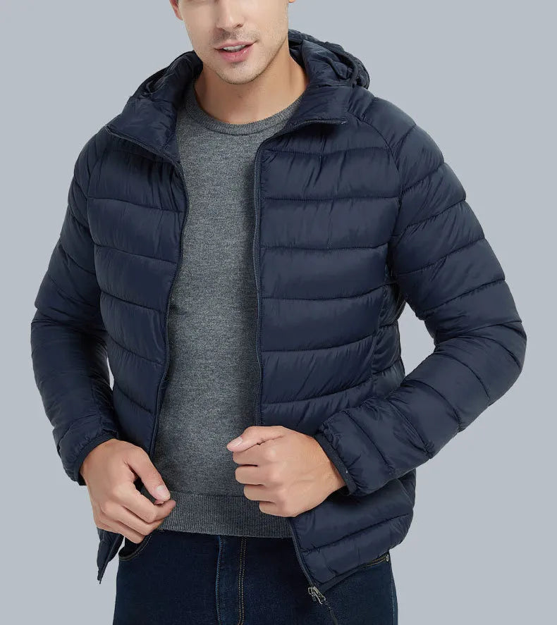 Men's lightweight hooded coat in solid colour, nylon fabric, zipper front, long sleeves, available in multiple colours and sizes