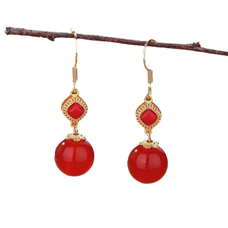 Southern red agate round beads earrings with S925 silver and jasper inlay on copper electroplated base, geometric design, one pair.