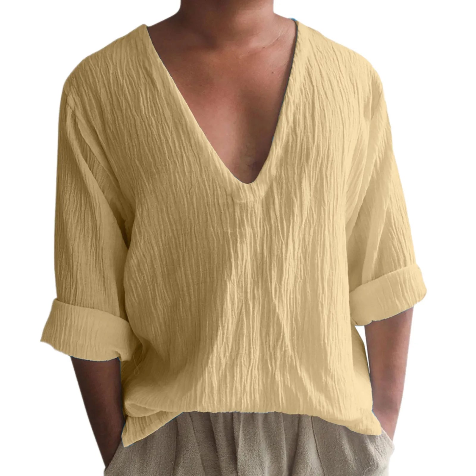 Men's solid colour long sleeve V-neck T-shirt in washed cotton fabric.