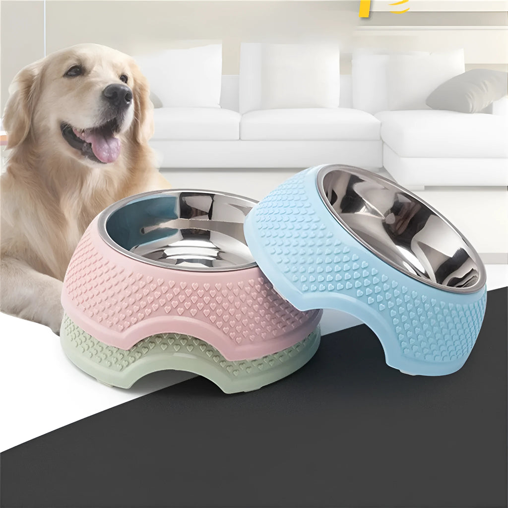 Square stainless steel pet bowl with a non-slip base in blue, green, and pink colour options