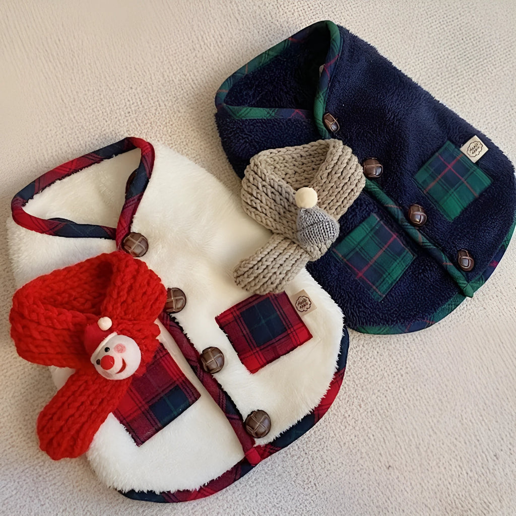 Small pet wearing a red and navy checkered fleece jacket with Sherpa lining, white scarf, and decorative buttons.