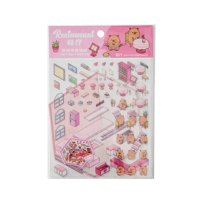 Capabala pre-cut PET cartoon sticker sheet in themes like pink restaurant and green bookstore.
