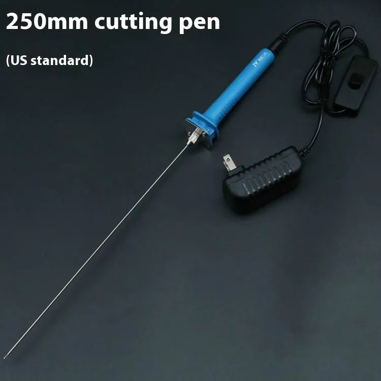 Blue electric heating foam cutter pen with plastic handle and long metal blade on a workbench.