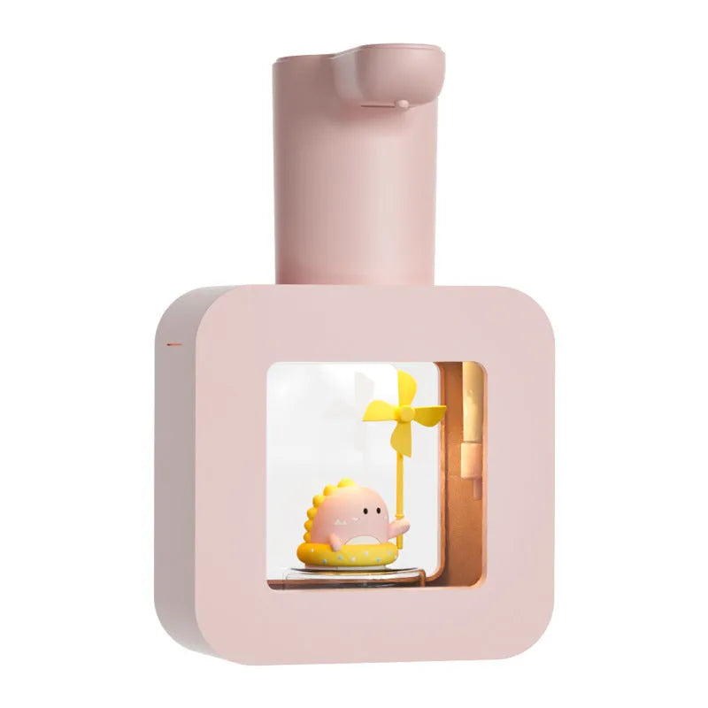 Yellow automatic foam soap dispenser with cartoon unicorn and kitten designs for kids bathroom