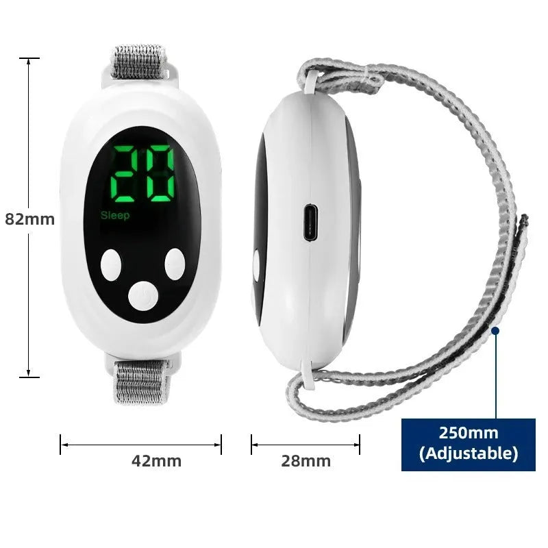 White intelligent sleep aid device with handheld remote control showing adjustable settings
