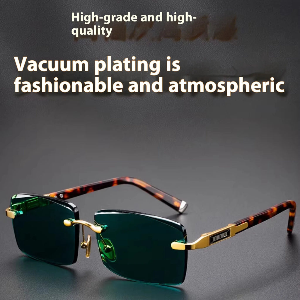 Dark green frameless crystal sunglasses with case and cleaning cloth