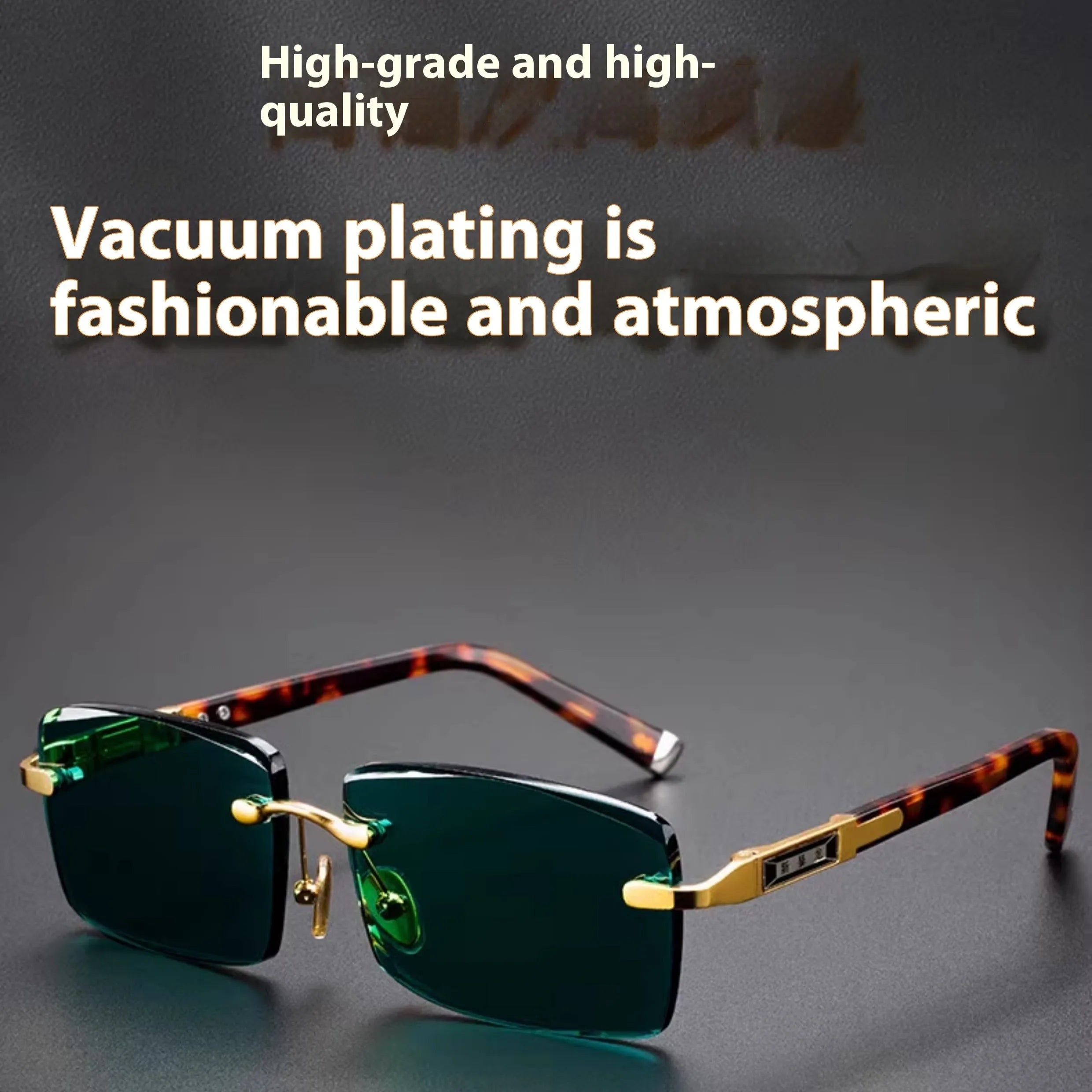 Dark green frameless crystal sunglasses with case and cleaning cloth