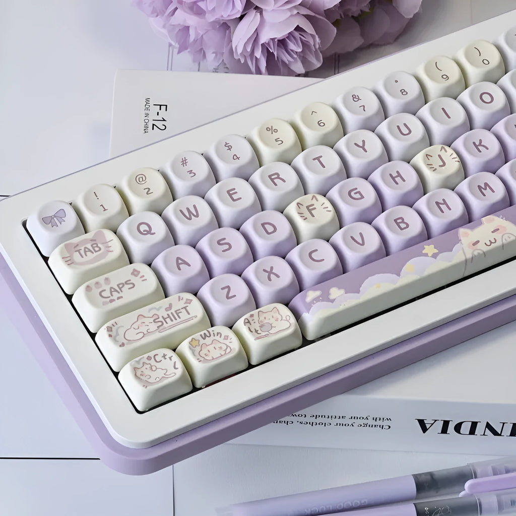 Sublimation PBT key cap set for Wooting magnetic shaft keyboards, showing Taro Kitten Moa design on a dark background