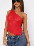 Women's lace backless sleeveless polyester vest top with asymmetrical neckline in solid colour