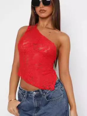 Women's lace backless sleeveless polyester vest top with asymmetrical neckline in solid colour