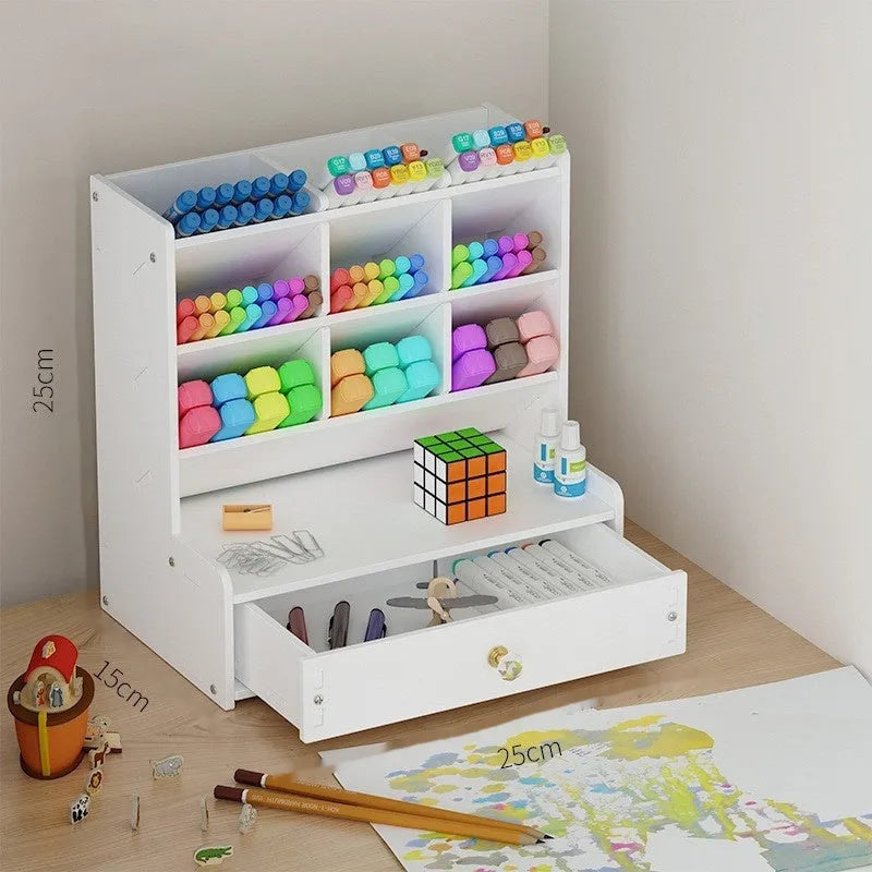 Plastic oblique insertion pen holder storage box showing multiple grid compartments for organised stationery storage