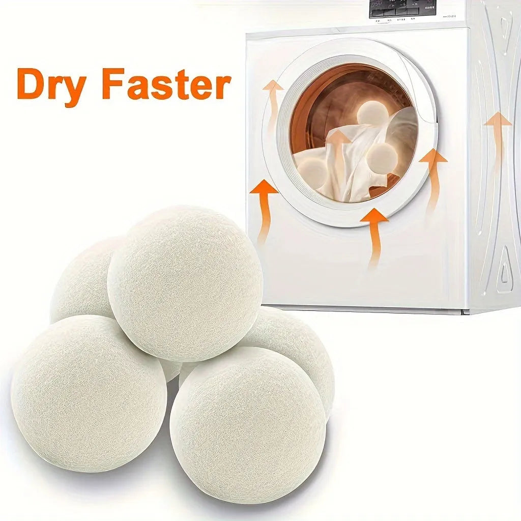 Set of six wool drying balls in three sizes 5cm 7cm 8cm for static reduction and chemical-free fabric softening