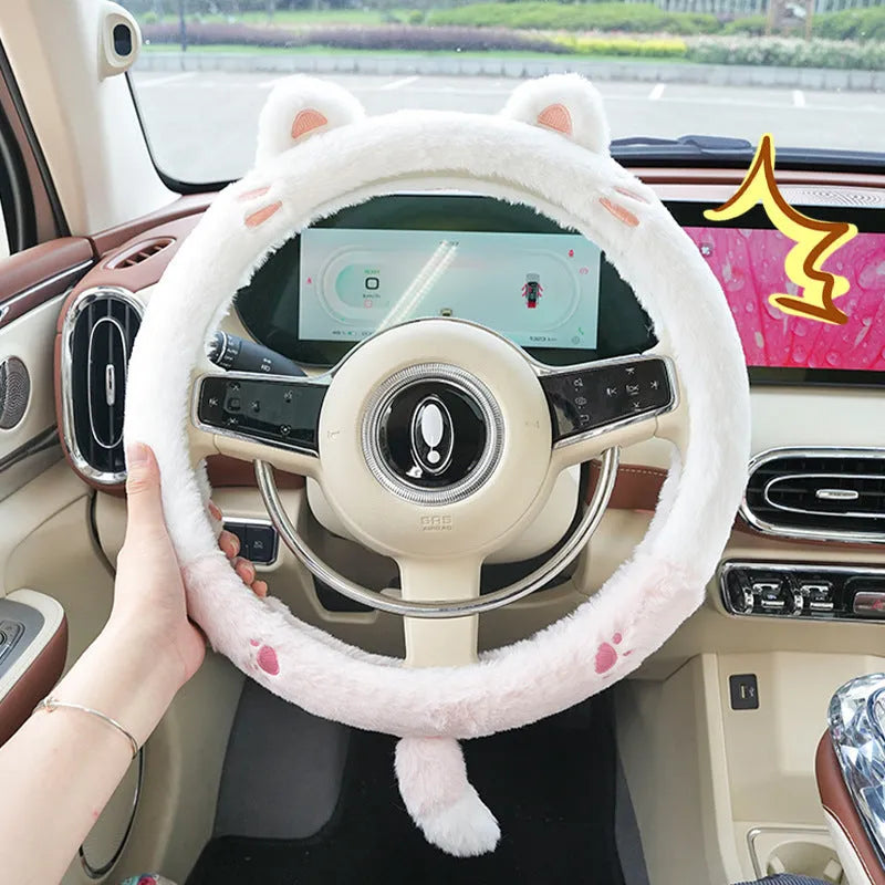 38cm plush thermal car steering wheel cover with embroidered cartoon animal designs