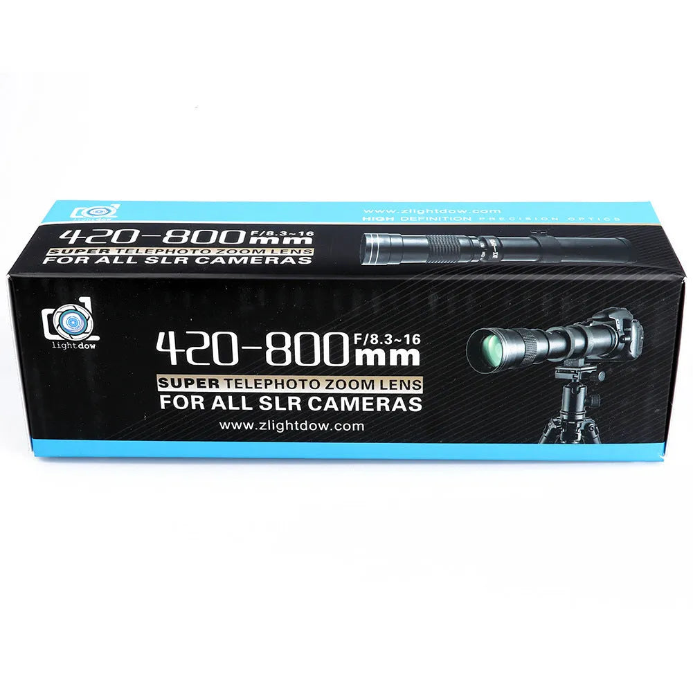 Black 420-800mm manual telephoto zoom camera lens with extended barrel and 67mm filter thread
