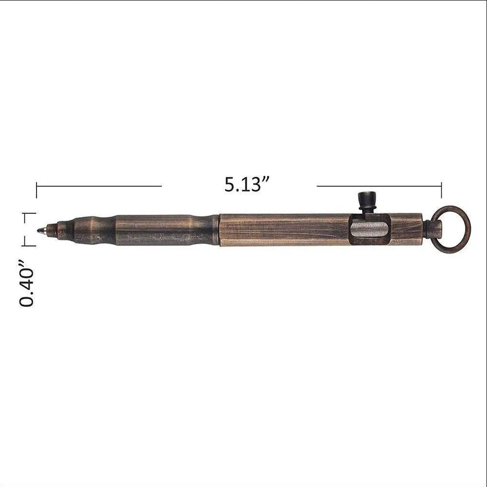 Brass hexagonal bolt tactical pen showing machined details and hexagonal design