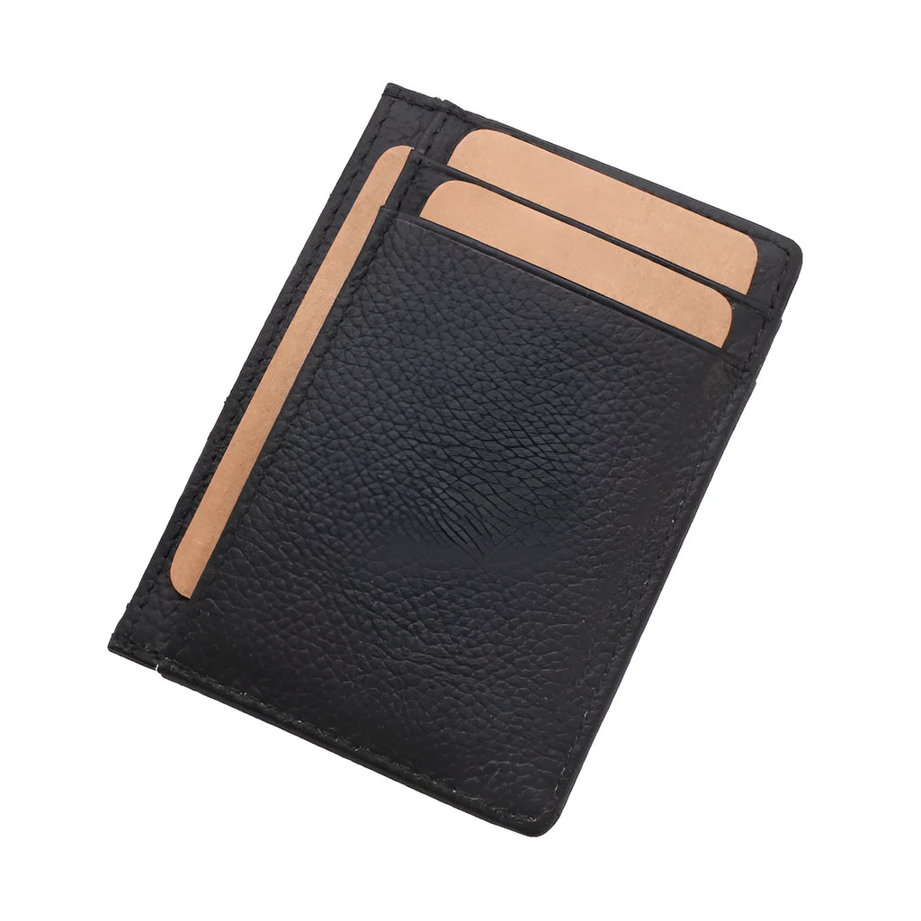Men's genuine leather slim card holder in solid dark brown colour on plain background