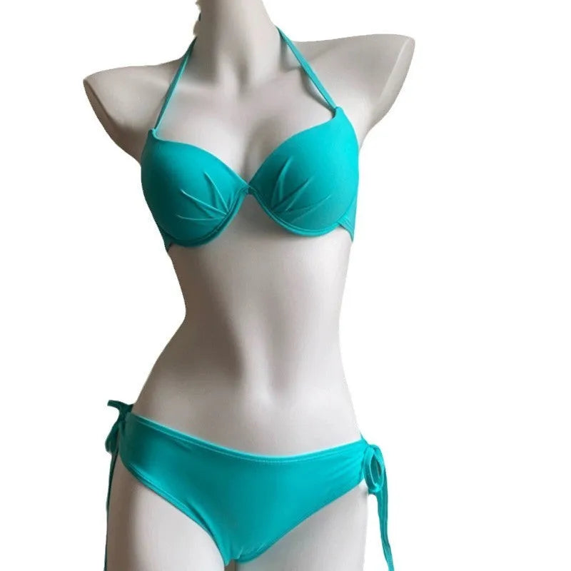 Women's bikini swimsuit set in lake green with polyester nylon briefs and sleeveless no-back top for beach or hot spring