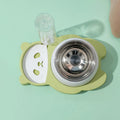 Grey and green tilted elevated pet bowl set with automatic water dispenser bottle for cats and small dogs.