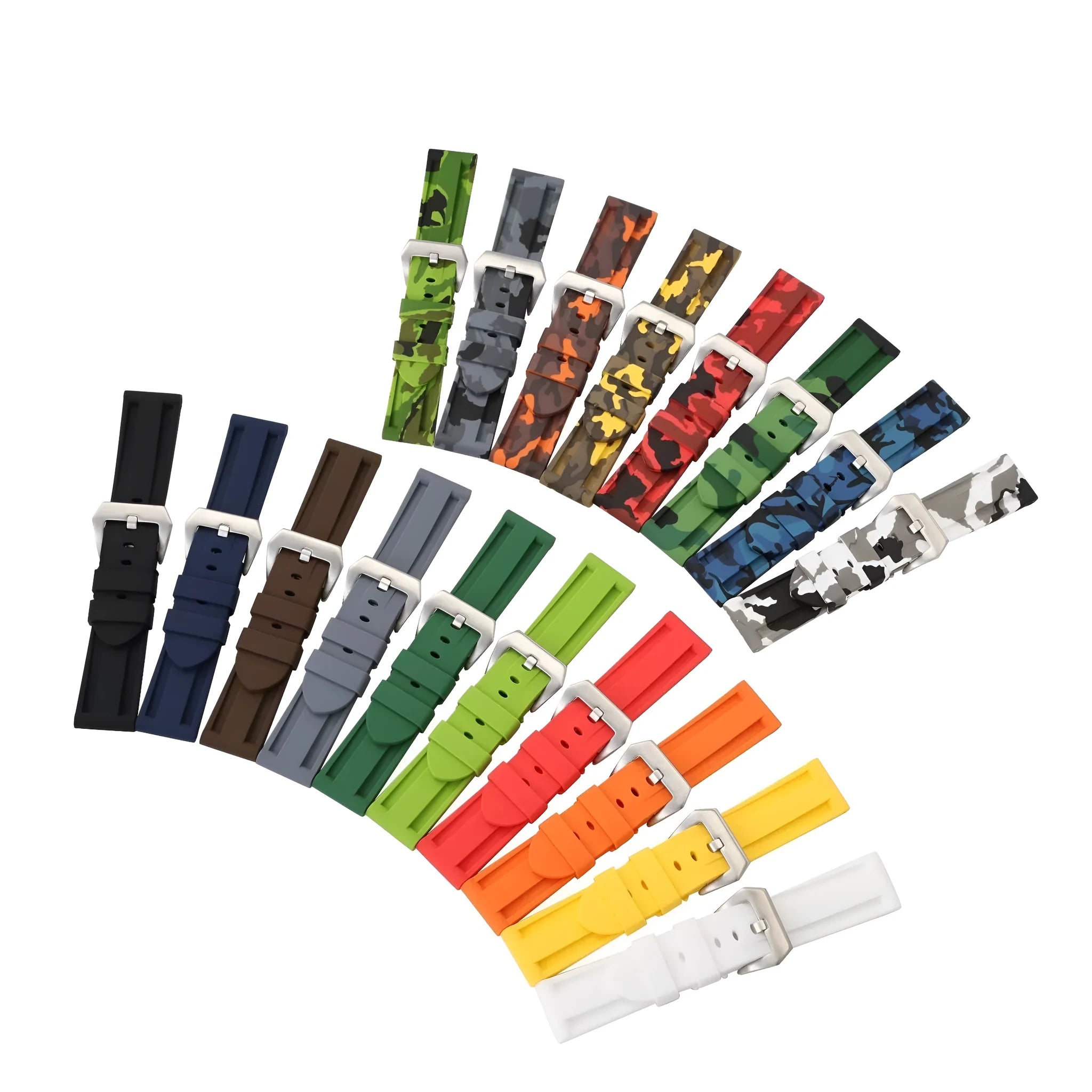 20mm silicone rubber watch strap with silver buckle, available in solid and camouflage colours