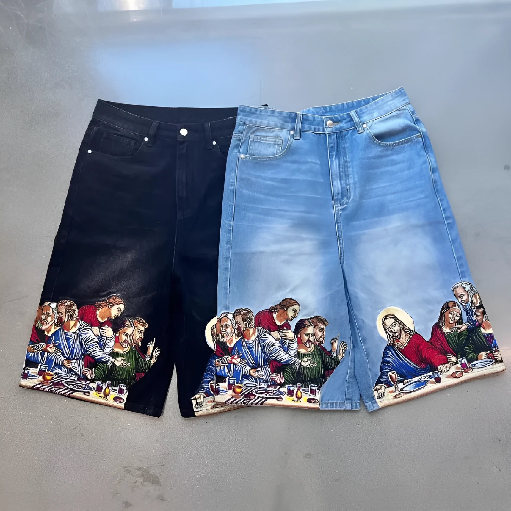 Men's blue cotton shorts with Jesus printed back pocket, tapered style with micro elasticity fabric