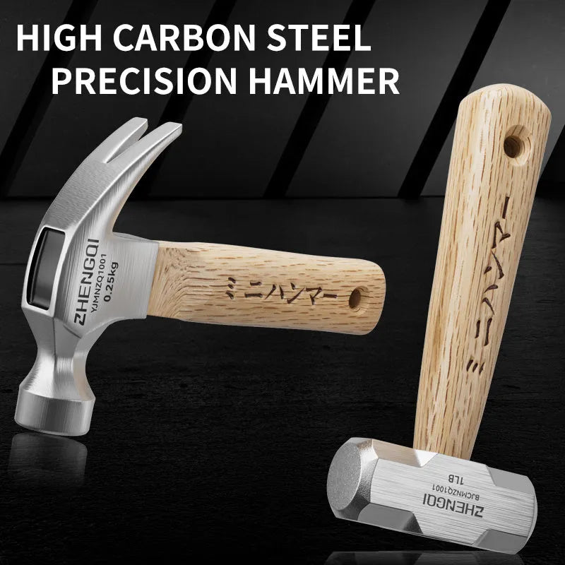 Mini claw hammer with wooden handle and high carbon steel head on a workbench