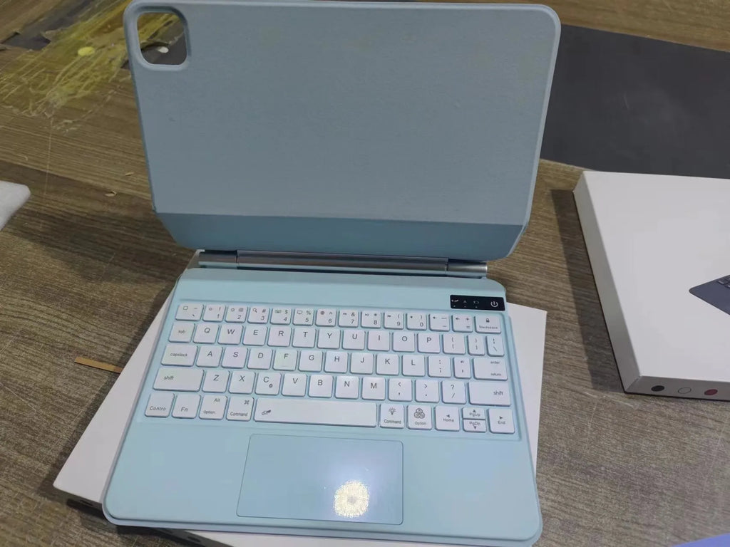 iPad wireless keyboard with magnetic protective cover in multiple colours showing Bluetooth connectivity