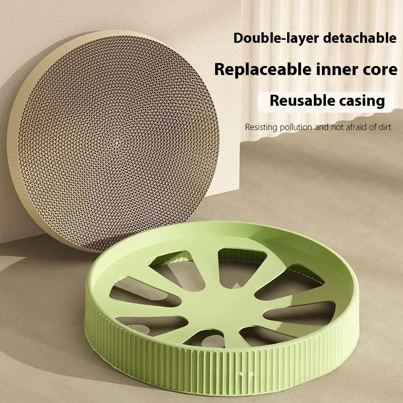 Round green cat scratching board nest with corrugated cardboard surface, 55cm diameter