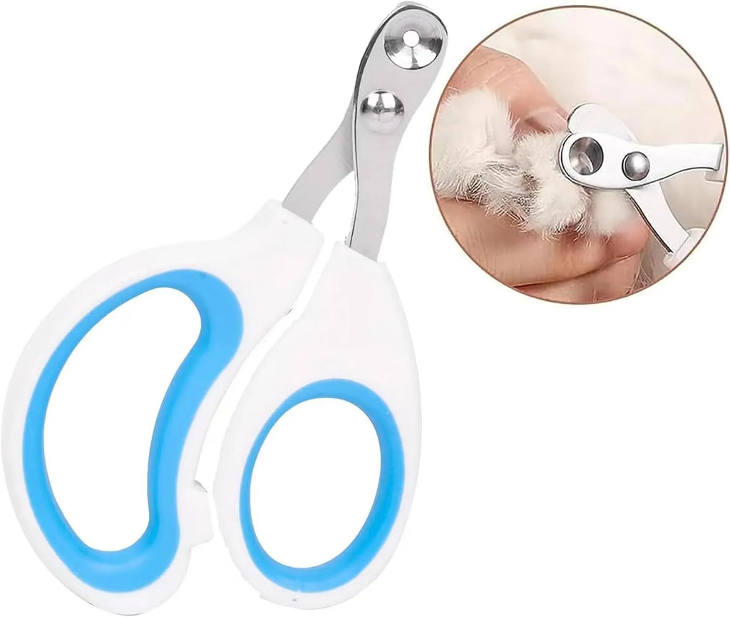 Blue professional cat nail clippers with circular safety hole and cushioned non-slip handles.