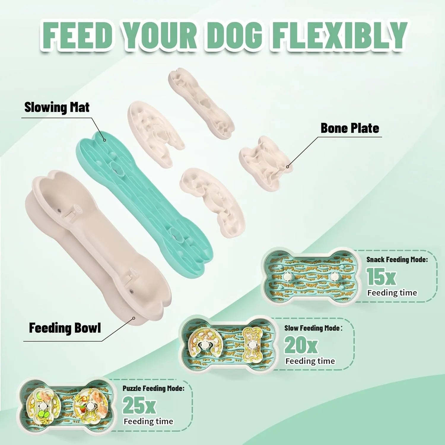 Large green slow feeder dog bowl with three separable puzzle trays for extended feeding time