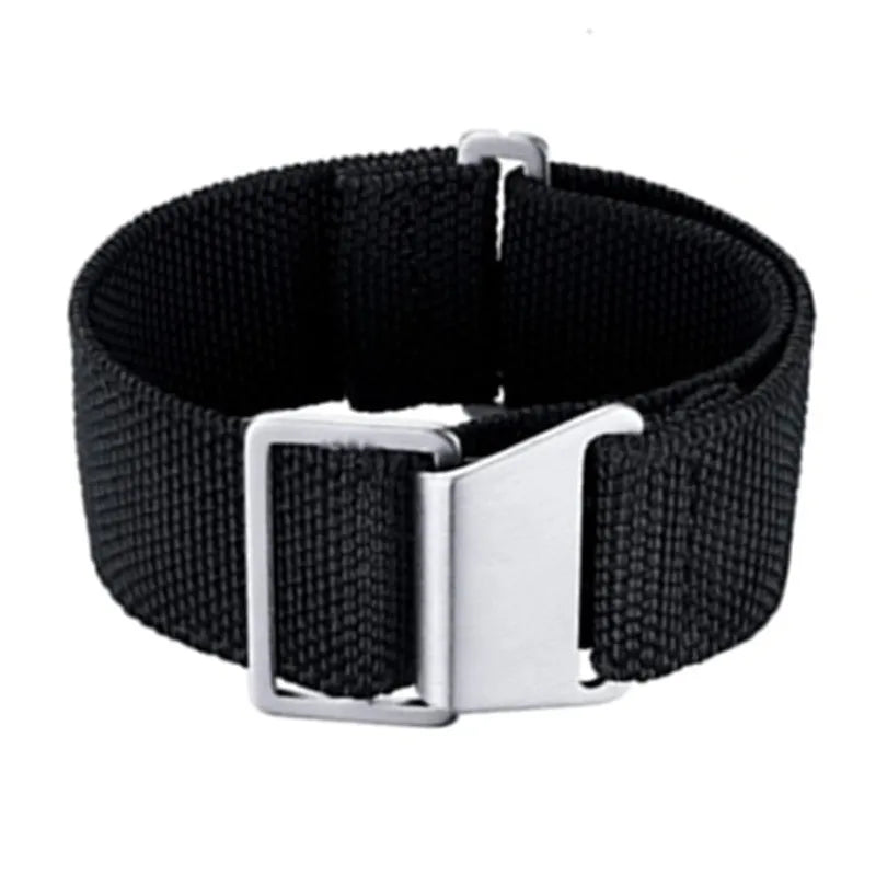Nylon parachute watchband in green, blue, and black with silver buckle, 18mm 20mm 22mm widths