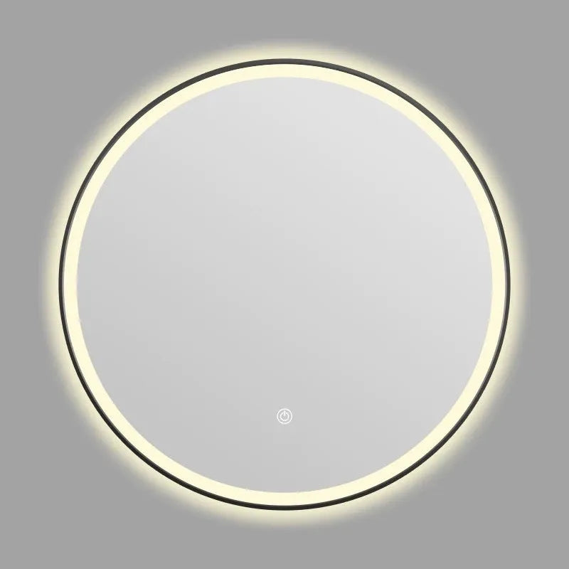 Round black frame aluminium LED bathroom mirror with wall mounting and touch dimming control