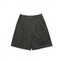 Loose straight drooping suit shorts in light grey, front view, with micro-elastic waist and retro style