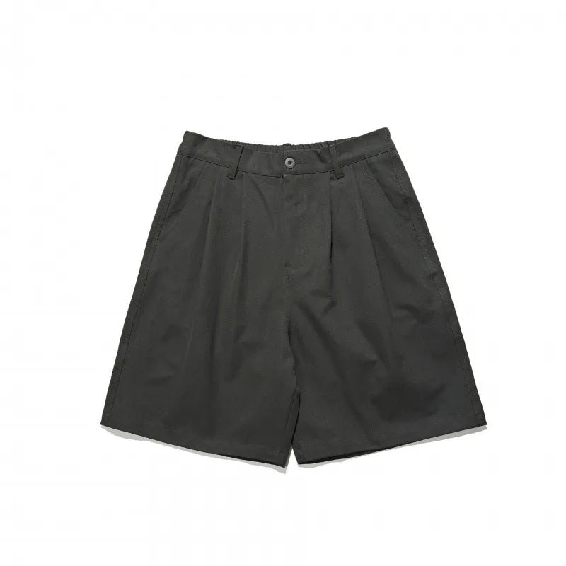 Loose straight drooping suit shorts in light grey, front view, with micro-elastic waist and retro style