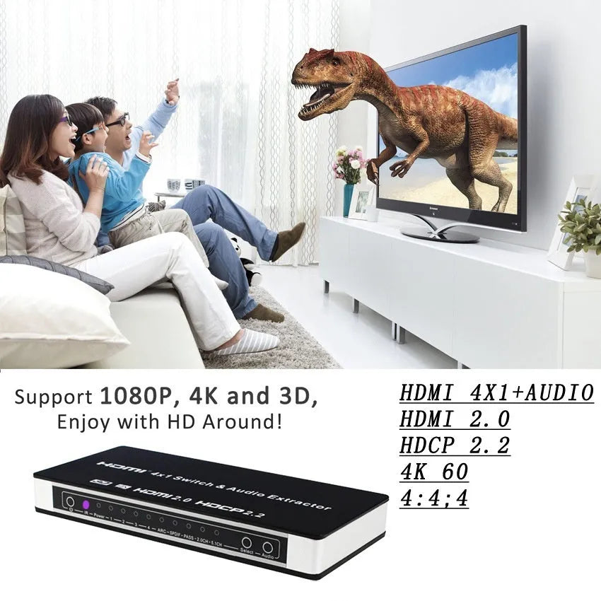 Black 4x1 HDMI switcher with remote control for audio and video signal distribution