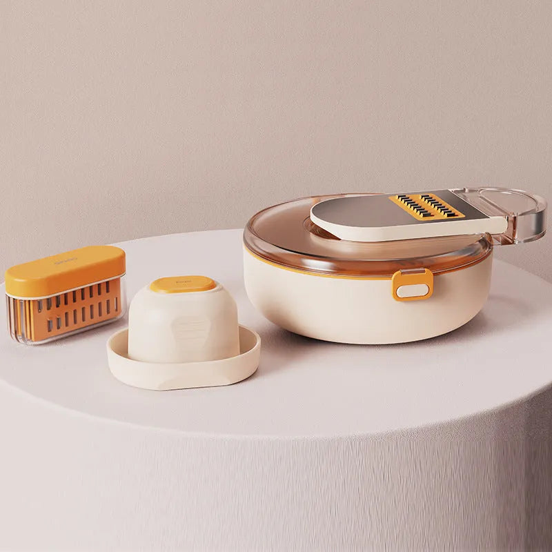 Multifunctional vegetable cutter set with 8 knives, storage box, and hand protector in grey or white