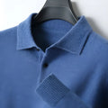 Men's wool polo collar pullover sweater in multiple colours with long sleeves and collage stitching detail.