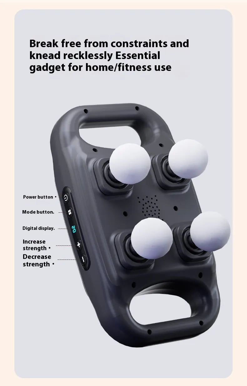 Rechargeable four-head massager in black with multi-gear adjustment and Type-C charging port