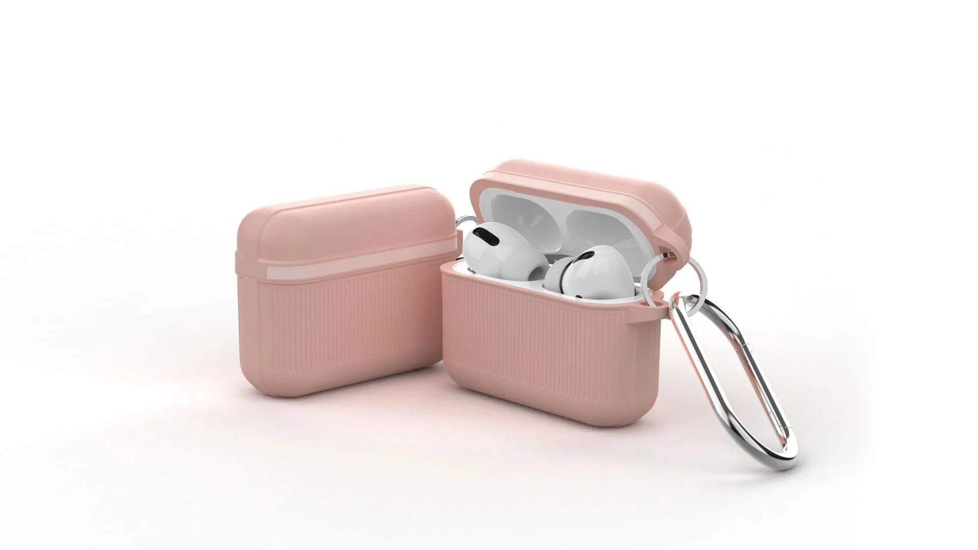 Silicone clamshell cover for Apple AirPods case in various colours, showing metal buckle.