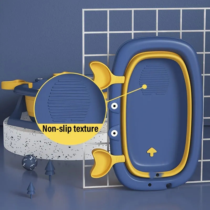 Blue foldable portable pet tub set up for washing a small dog, showing its collapsible metal frame.
