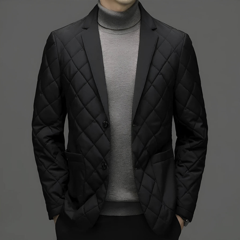 Men's black lapel-style down winter cardigan jacket with side pockets