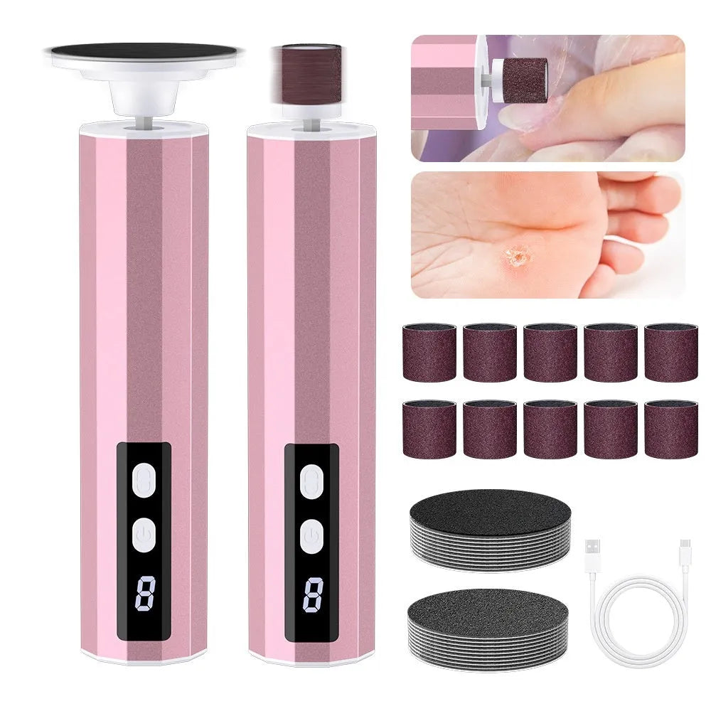 Electric foot callus remover with sandpaper discs in black, pink or purple colour with USB charging cable