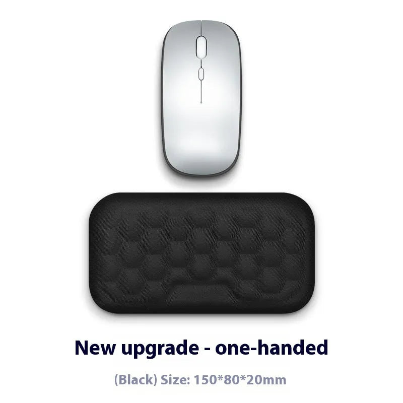 Memory foam mouse wrist rest with silicone base in black cloth and grey leather style options.