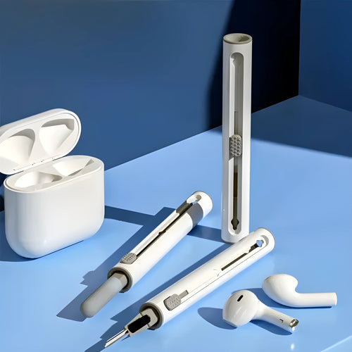 White 3-in-1 headset cleaning pen with ABS, metal, and sponge tips on blue background