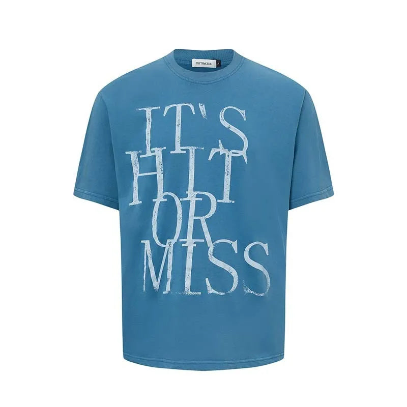 Men's blue American Retro style T-shirt with white letter print design