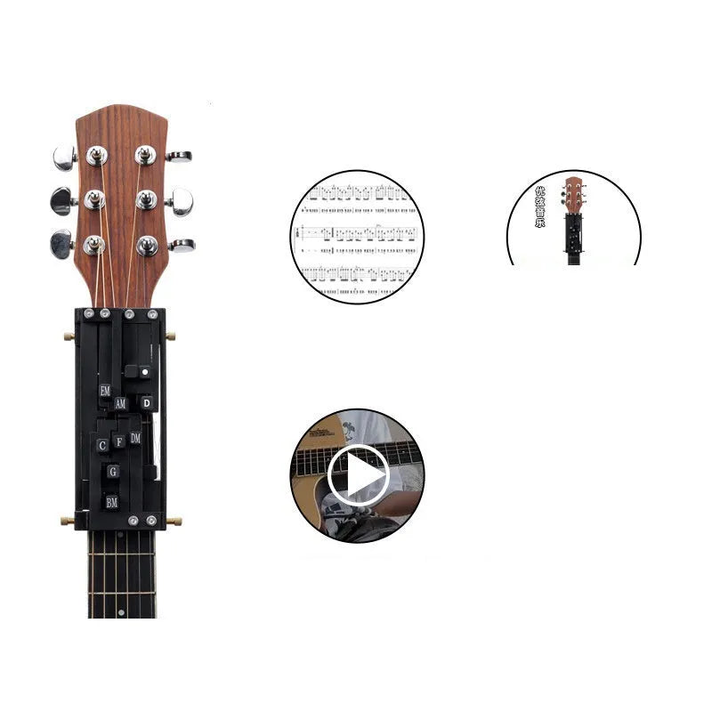 Automatic chord practice device for folk guitar, shown in black, designed for novice second chord training.
