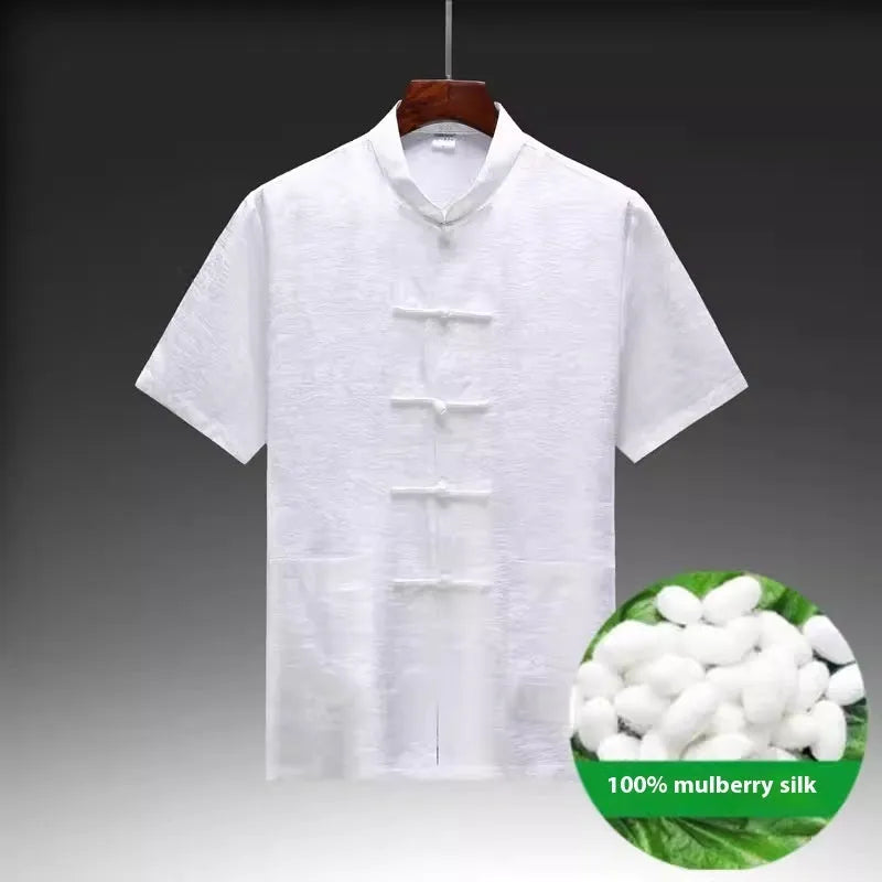 Men's Chinese style Tang suit in mulberry silk satin showing traditional design with available colour variations