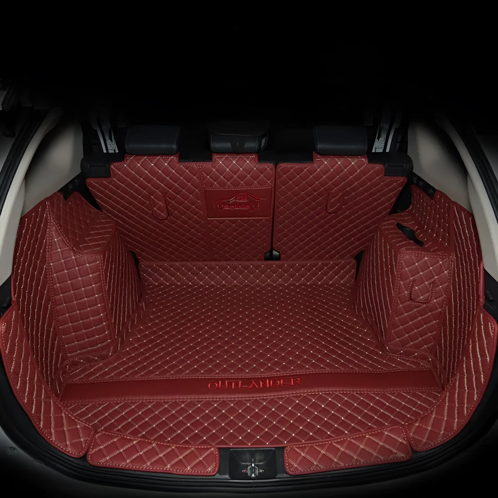 Mitsubishi Outlander 3D boot liner with high edges in a wine red colour with contrasting beige lines.