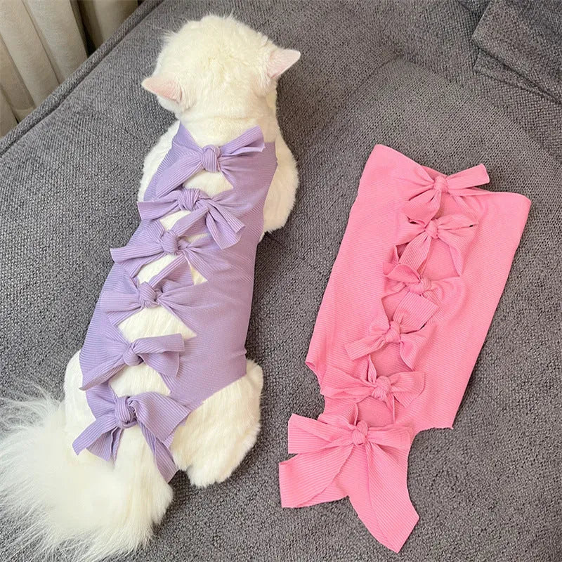 Lace-up cat sterilization clothing in polyester for post-operation recovery, shown in multiple colour options