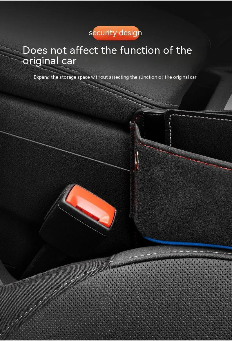 Leather car seat storage box in beige colour on a car passenger seat.
